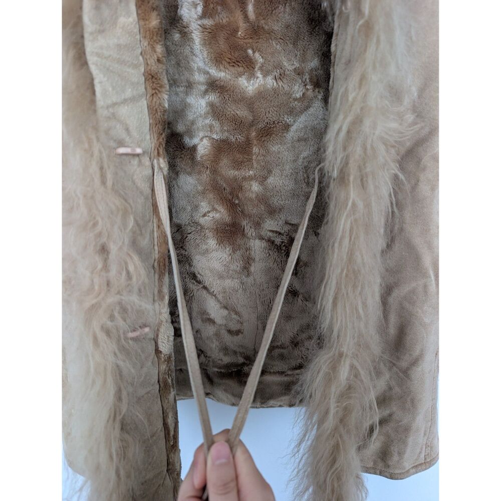 Vintage Real Leather Fur Trim Tan Penny Lane Longline Coat Jacket Sz S XOXO - Picture 7 of 16